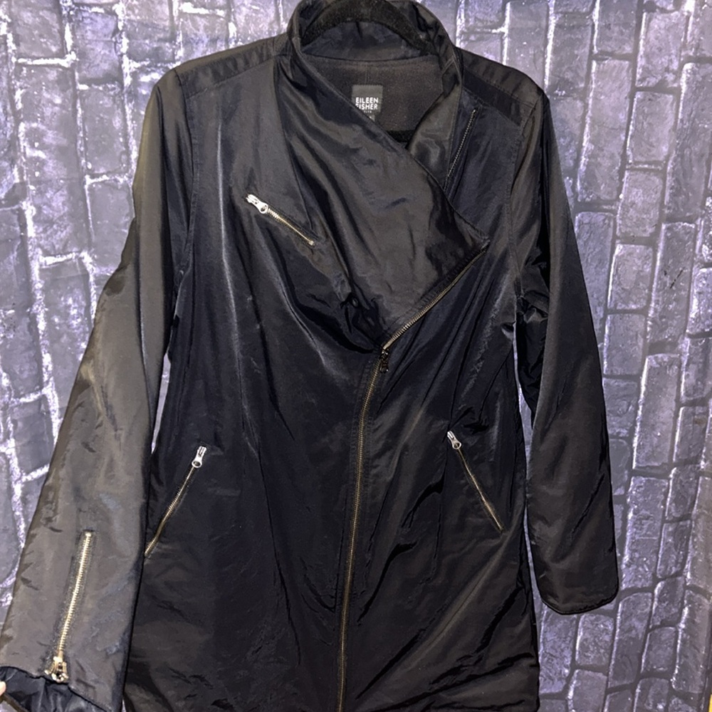 EILEEN FISHER Asymmetric Cowl Collar Fleece Lined Jacket Full Zip Black Sz PL
